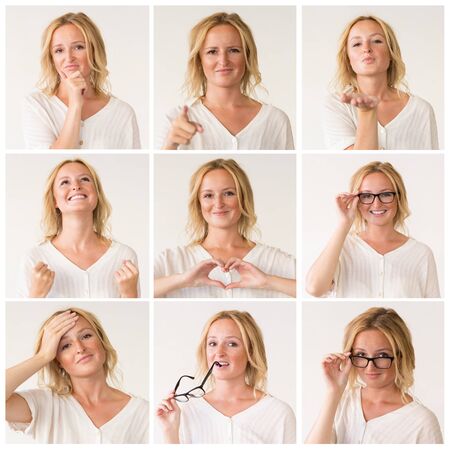 Positive woman portrait set with different hand gestures and facial expressions. Beautiful lady in...