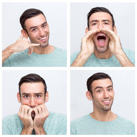 Male portrait set with different hand gestures and facial expressions. Young Caucasian man in casual...