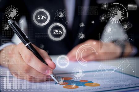 Business analyst working and virtual disease statistics. Map infographics study. Marketing analysis...