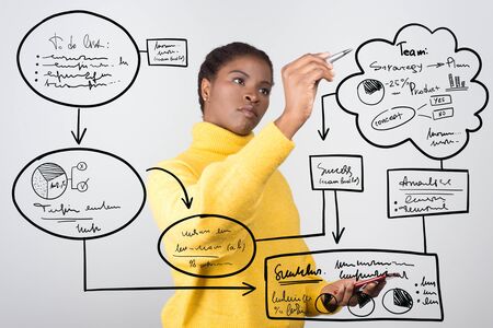 Focused woman writing on imaginary virtual flowchart with pen. Concentrated young lady holding smartphone and writing on virtual screen. Technology conceptの写真素材