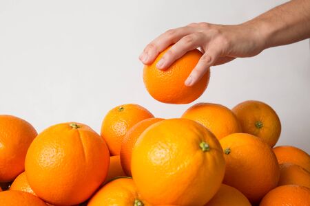 Unrecognizable person taking orange from fruits heap isolated on white background. Closeup shot, side view. Healthy nutrition or organic food conceptの写真素材
