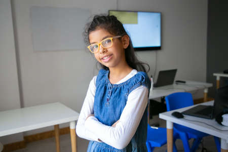 Portrait of mixed-race little girl with folded hands. Lovely pretty kid in glasses posing in classroom after lesson, smiling and looking at camera. Front view. People, study and appearance conceptの写真素材