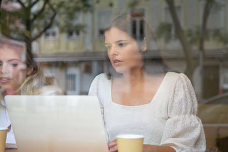 Serious brunette woman sitting at table near blonde colleague. Pretty concentrated lady behind...