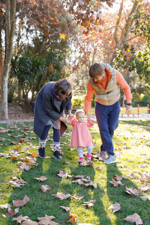 Caucasian parents walking with little daughter in autumn park and holding her hands. Cute baby girl doing first steps on grass with dried maple leaves with help of father. Family and holiday conceptの写真素材