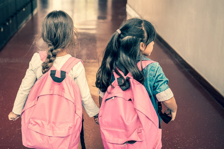 Two little schoolgirls with pink backpacks holding hands and standing in school corridor. Back view. Education or back to school conceptの写真素材