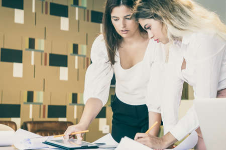Caucasian women creating new design and writing on paper. Young confident female designers standing near table, holding pencil and making notes on draft. Communication, creation and meeting conceptの写真素材