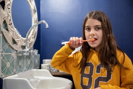 Middle shot of focused girl cleaning teeth in bathroom. Cheerful girl standing, doing morning routine and looking at camera. Healthcare, brushing teeth conceptの写真素材