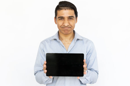 Doubtful man holding tablet. Indian man in blue shirt showing tablet screen expressing suspicion. Portrait, studio shot, technology, advertising conceptの写真素材