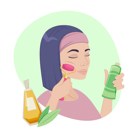 Woman using face roller and beauty products vector illustration. Cartoon drawing of girl with facial tool, organic makeup product, morning routine, healthy skin. Beauty, skincare, cosmetology conceptのイラスト素材