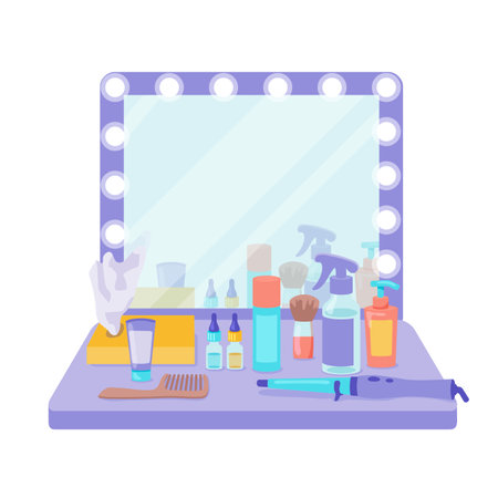Dressing table with mirror and hair products vector illustration. Cartoon drawing of comb, hairsprays in bottles, hair oil, curling iron. Beauty, skincare, cosmetology, hairdressing conceptのイラスト素材