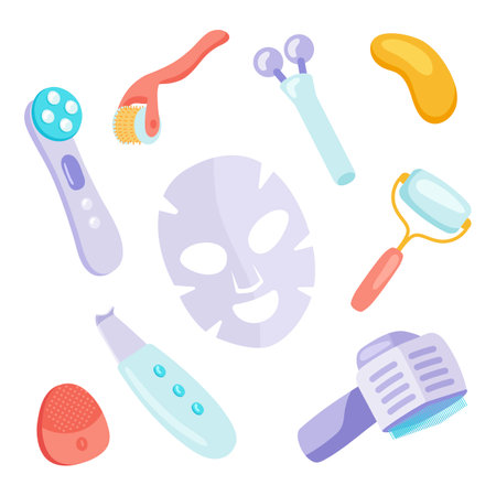 Different facial tools for skincare vector illustrations set. Collection of cartoon drawings of face massagers, face mask, roller, trimmer, microcurrent devices. Beauty, skincare, cosmetology conceptのイラスト素材