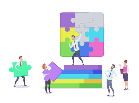 Team of tiny office workers with puzzle pieces and stairs. Company employees doing tasks together vector illustration. Business, teamwork, communication, solution, organization conceptのイラスト素材