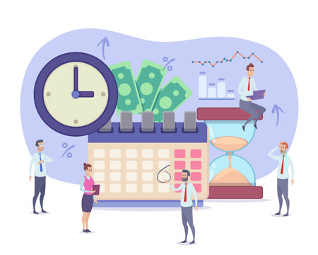 Tiny office workers with symbols of time vector illustration. Cartoon drawing of businessmen with huge clock, calendar with deadline, hourglass, money. Business, career, time management conceptのイラスト素材