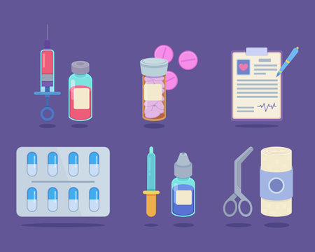 Prescription medicine elements vector illustrations set. Collection of cartoon drawings of vaccine, syringe, pills, diagnostic report, bandage. Medicine, healthcare, medication, treatment conceptのイラスト素材