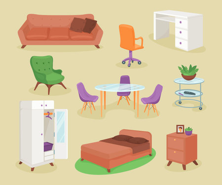 Furniture for different apartment rooms vector illustrations set. Collection of cartoon drawings of sofa, chairs, dinner table, desk, bed, bedside cabinet, wardrobe. Furniture, interior design conceptのイラスト素材