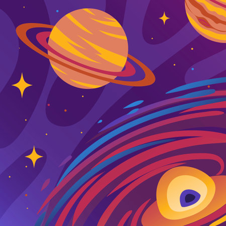 Space with Saturn and black hole or nebula vector illustration. Cartoon drawing of planets and stars...