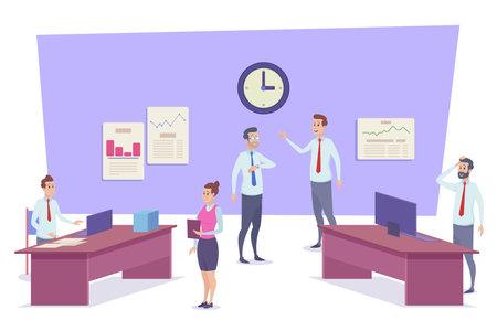 Employees managing time in office vector illustration. Cartoon drawing of businessmen and woman working in company, time limits and deadlines. Business, time management, finances conceptのイラスト素材