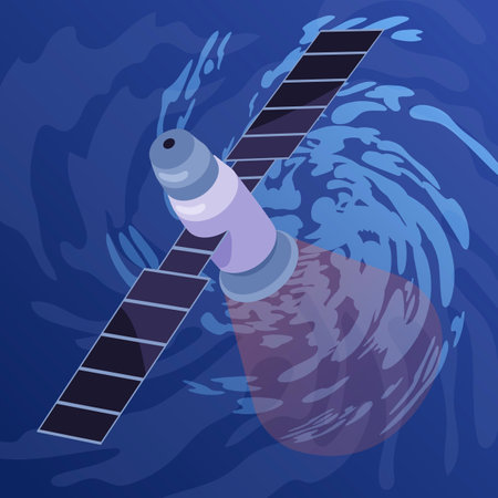 Satellite floating in outer space vector illustration. Cartoon drawing of spacecraft for scientific or cosmic research in sky. Outer space, exploration, astronomy, technology conceptのイラスト素材