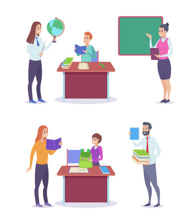 Happy teachers helping student study vector illustration. Children reading book, packing backpack while educators teaching lesson with world globe, blackboard and textbooks. Education conceptのイラスト素材