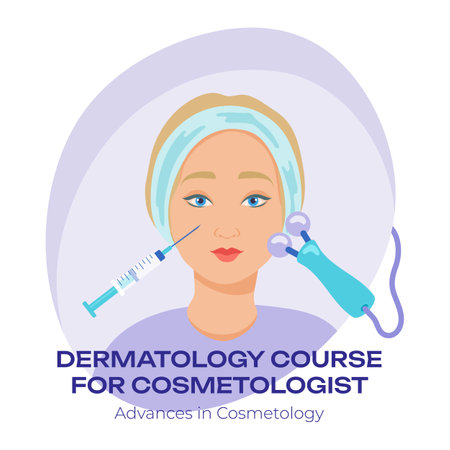 Dermatology course poster with woman and beauty tools. Microcurrent device and syringe, advertisement for cosmetologists vector illustration. Beauty, cosmetology, education, dermatology conceptのイラスト素材