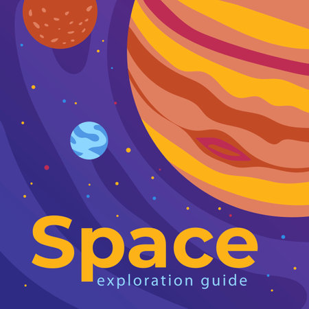 Space exploration guide poster with different planets in space. Advertisement with colorful planets in outer space with text vector illustration. Space, exploration, science, astronomy conceptのイラスト素材