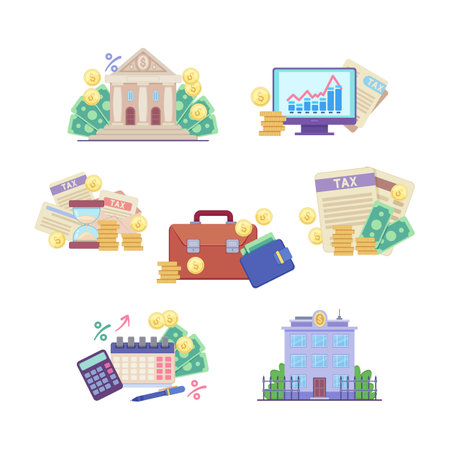 Financial buildings and elements vector illustrations set. Cartoon drawings of bank or financial institution, money, taxes, briefcase, calendar, stock chart. Finances, banking, taxation conceptのイラスト素材