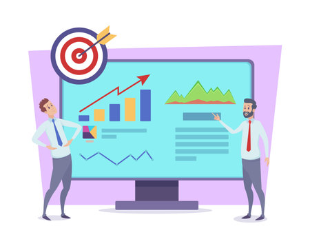 Office workers planning business development vector illustration. Drawing of computer screen with graphs and charts, doing research or discussing target. Business, teamwork, goal, investment conceptのイラスト素材
