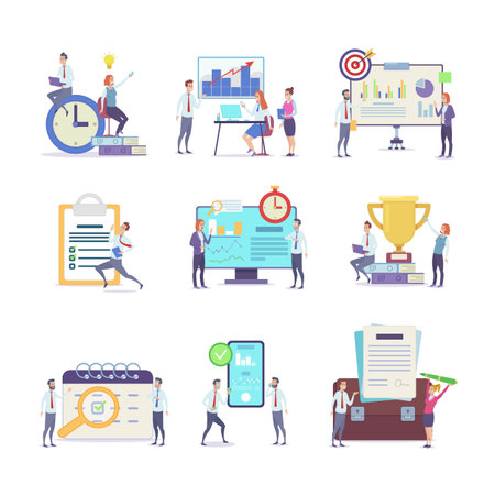 Office workers with business elements vector illustrations set. Collection of drawings of coworkers solving problems, data analysis, income report, deadline, prize. Business, teamwork, economy conceptのイラスト素材