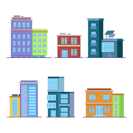 Office and apartment buildings vector illustrations set. Modern city property buildings with solar power panels in business district. Architecture, cityscape, construction conceptのイラスト素材