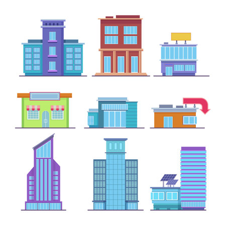 Office buildings in modern city vector illustrations set. Skyscrapers, shopping malls and stores, apartment houses from business district. Architecture, cityscape, construction conceptのイラスト素材