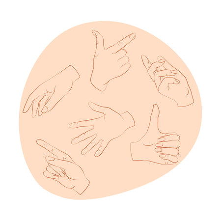 Sketches of hands in different poses vector illustrations set. Collection of cartoon drawings of female hands pointing, giving thumbs up, pointing. Sign language, art, communication conceptのイラスト素材