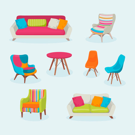 Sofas and chairs for room or cafe vector illustrations set. Drawings of colorful couches with cushions, table, comfortable chairs and armchairs. Furniture, interior design, decoration conceptのイラスト素材