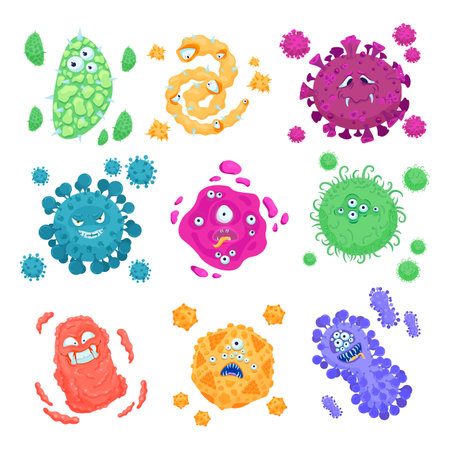 Funny viruses and bacteria vector illustrations set. Cartoon drawings of disease germs or microbe characters of different color and shape. Medicine, microbiology, health care conceptのイラスト素材