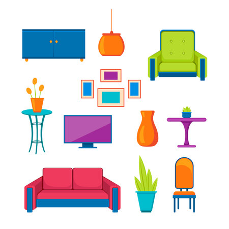 Colorful furnishing items vector illustrations set. Sofa, chair and armchair, drawer, coffee table, TV, flowerpots and picture frames for living room decoration. Home decor, interior design conceptのイラスト素材