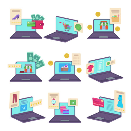Online store on laptop screen vector illustrations set. Mobile shopping website or app with wide range of goods, customer reviews, different payment options icons. Internet commerce conceptのイラスト素材