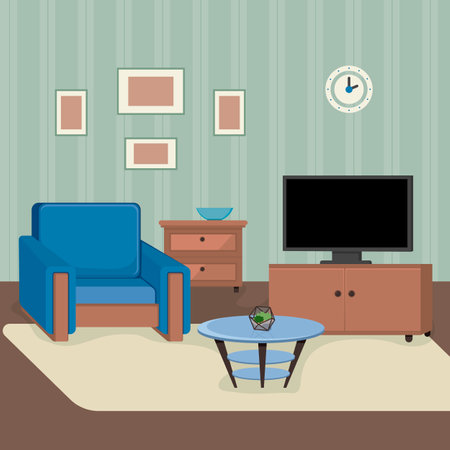 Living room with armchair and television vector illustration. Cartoon drawing of blue chair, TV on table, photo frames on walls, striped wallpaper beige carpet. Furniture, interior design conceptのイラスト素材