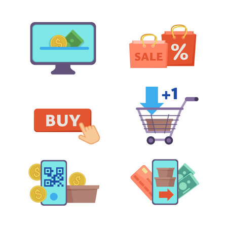 Digital shopping and payment elements vector illustrations set. Collection of drawings of shopping cart and bags, sale or discount, buy button. Ecommerce, online shopping, technology, sale conceptのイラスト素材