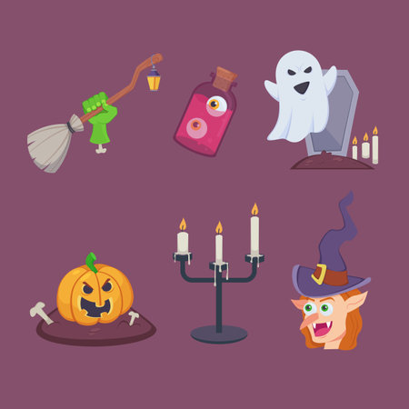 Funny Halloween decorations vector illustrations set. Hand with broom, eyes in bottle, scary ghost, carved pumpkin, candles and witch on purple background. Halloween, holiday conceptのイラスト素材