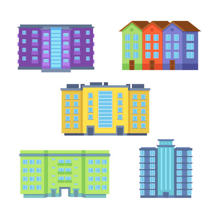 Colorful apartment buildings vector illustrations set. Collection of cartoon drawings of urban buildings as accommodation. Architecture, city life, real estate or property conceptのイラスト素材