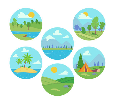 Summer landscapes as holiday locations vector illustrations set. Collection of cartoon drawings of island, campsite, rivers or lakes, countryside, fields. Nature, vacation, recreation conceptのイラスト素材