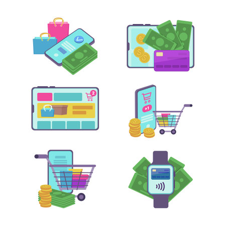 Mobile devices with shopping elements vector illustrations set. Collection of cartoon drawings of payment via phones, tablets and smart watch, cash. Finances, online shopping, technology conceptのイラスト素材
