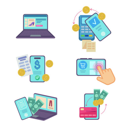 Online shopping and banking via apps vector illustrations set. Collection of cartoon drawings of internet stores, transaction, mobile payment. Ecommerce, online shopping, technology conceptのイラスト素材