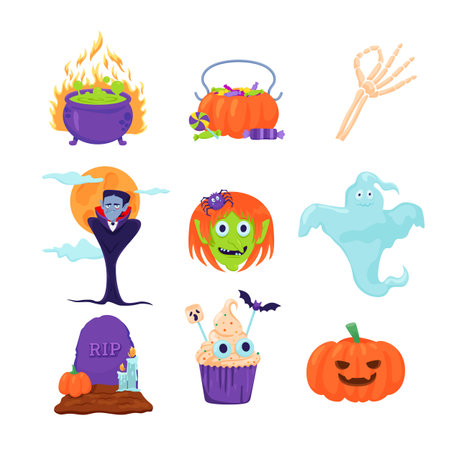 Halloween items and decoration vector illustrations set. Potion cauldron, funny witch, vampire, carved pumpkin, ghost, graveyard, skeleton hand and spooky desserts. Halloween, holiday conceptのイラスト素材