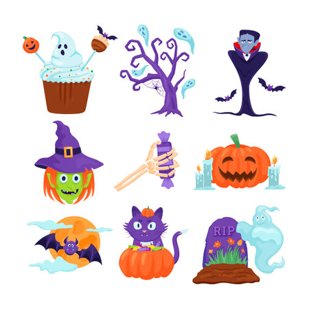 Halloween characters and decor vector illustrations set. Funny witch, vampire, carved pumpkin, ghost on graveyard, cat with candy, spooky desserts, bat and full moon. Halloween, holiday conceptのイラスト素材