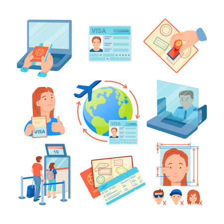 Visa control and airport procedures vector illustrations set. Collection of drawings of official documents, boarding pass, passengers with visa, plane flying. Immigration, traveling, vacation conceptのイラスト素材