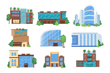 Modern building blocks vector illustrations set. Skyscrapers, office towers and apartment buildings with green zones for working in business district. Architecture, cityscape, construction conceptのイラスト素材