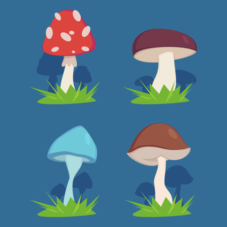 Various mushrooms on grass vector illustrations set. Poisonous and edible plants or fungus growing in wild forest on blue background. Autumn nature, food, wildlife conceptのイラスト素材