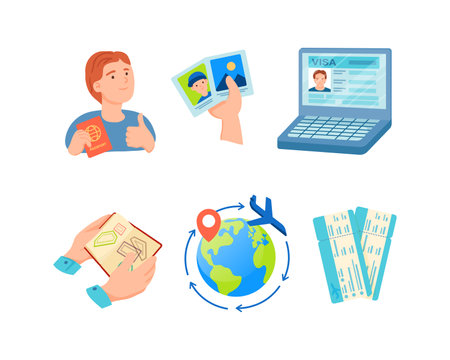 Passport control at airport vector illustration set. Checking data on laptop, air tickets, destination, border crossing stamp, woman with passport, photo in hand. Air trip, customs, travel conceptのイラスト素材