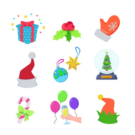 Christmas decorations icon sets. Vector illustrations of fur tree, baubles, mitten, hat, gift box and flute of champagne. Christmas celebration, holiday conceptのイラスト素材