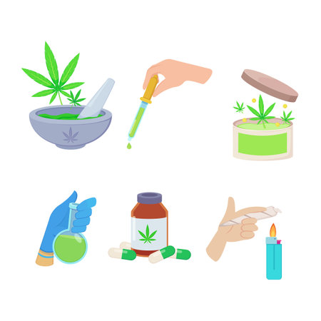 Products with cannabis icon sets. Vector illustrations of cosmetic cream, pills, medicine, oil extract. Legal usage of marijuanaのイラスト素材